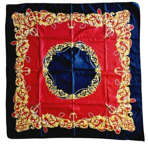 Symphony Scarf Blue Red Gold Baroque Chain Scrollwork Pattern Italy 34 in Square